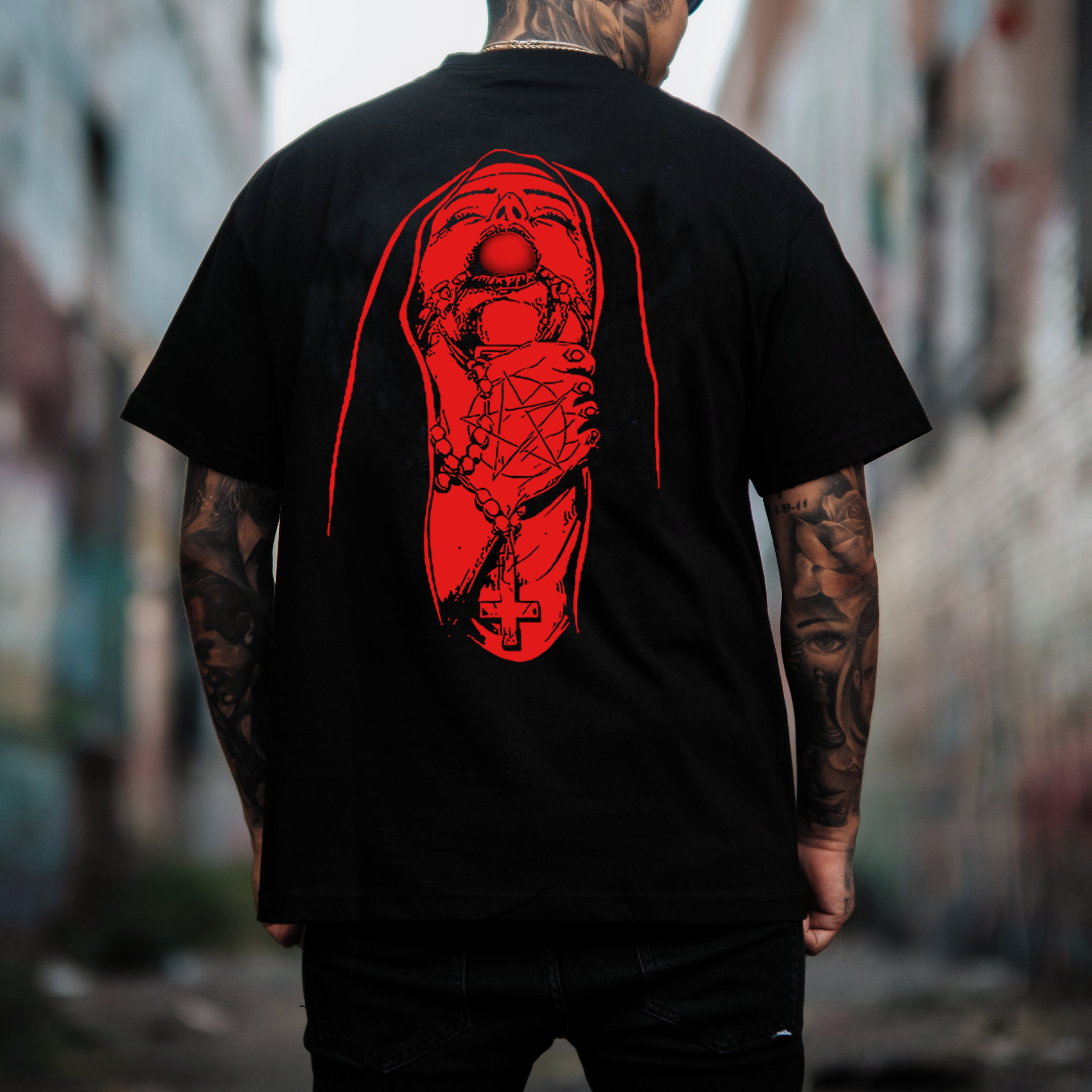 Chokehold Nun Religious Pattern Casual Black Print T-shirt