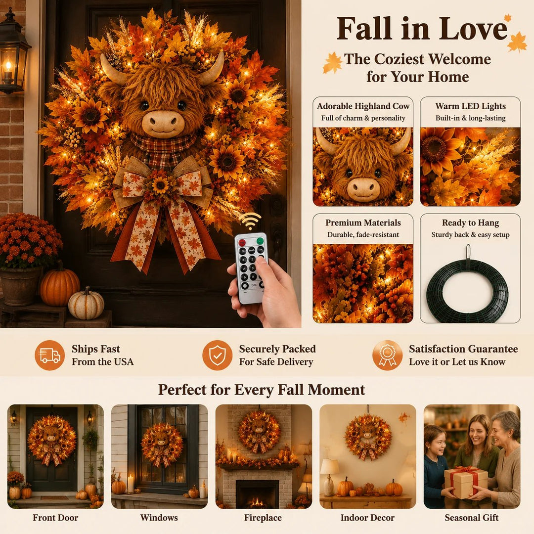 🐮Lighted Highland Cow Autumn Wreath