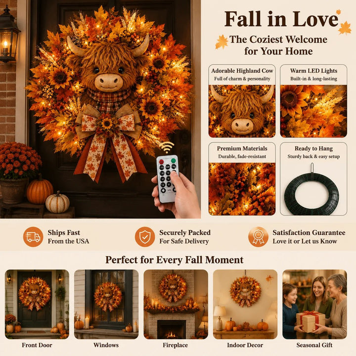 🐮Lighted Highland Cow Autumn Wreath