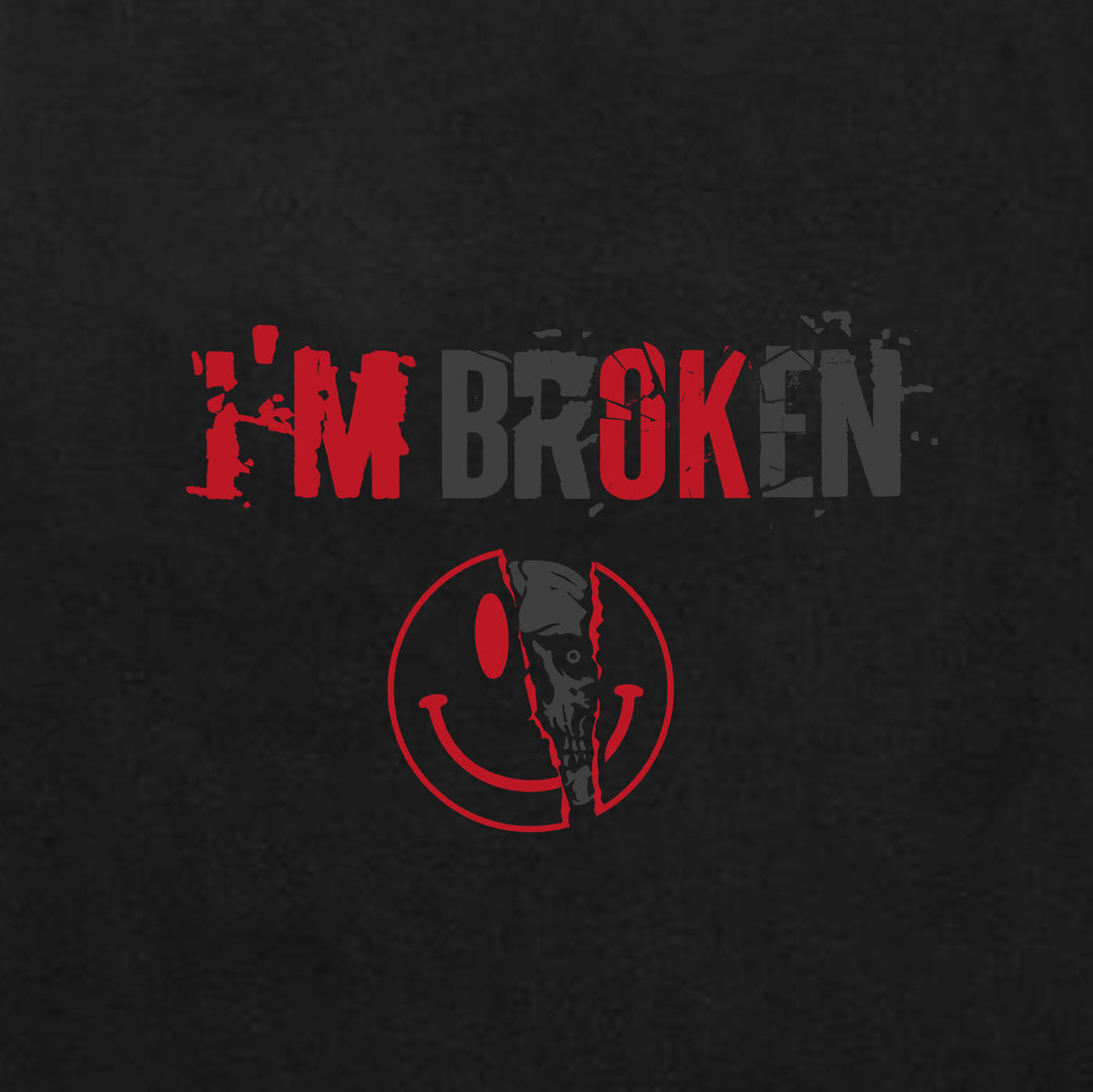 I'M BROKEN and Smiling Face Skull Graphic Casual Black and White Print T-shirt