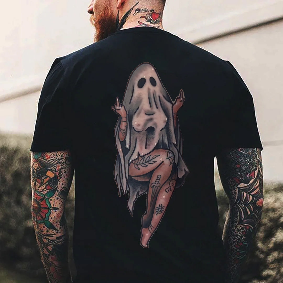 Naughty Sexy Lady Ghost with Tattoo Black Print T-shirt