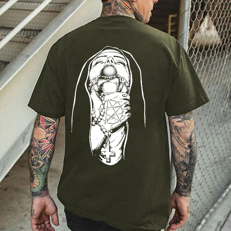 Chokehold Nun Religious Pattern Casual Black Print T-shirt