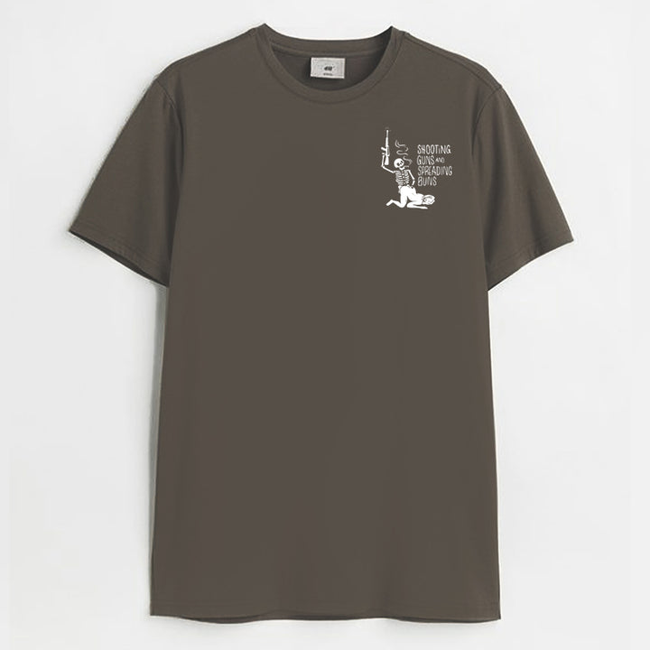 SHOOTING GUNS AND SPREADING BUNS Skull with Sexy Lady Print T-shirt