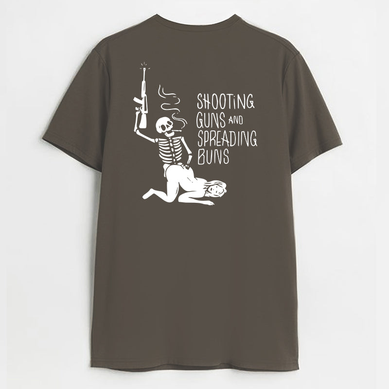 SHOOTING GUNS AND SPREADING BUNS Skull with Sexy Lady Print T-shirt