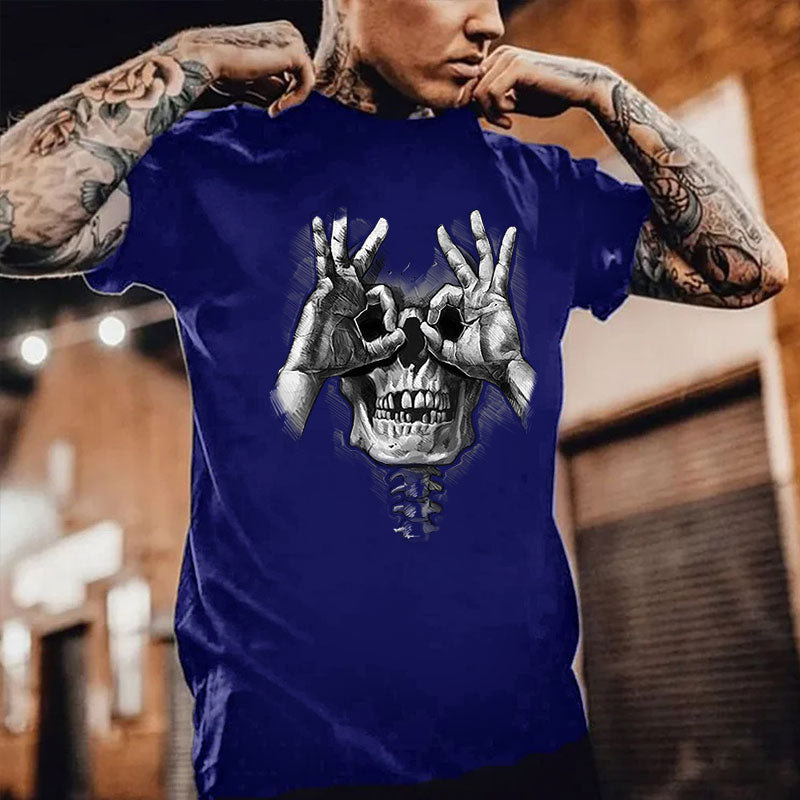 Skull with OK Pattern Graphic Casual Black Print T-shirt