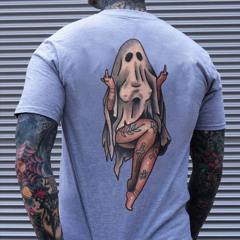 Naughty Sexy Lady Ghost with Tattoo Black Print T-shirt