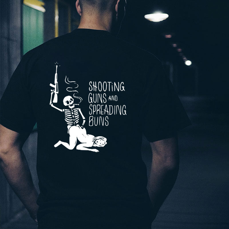 SHOOTING GUNS AND SPREADING BUNS Skull with Sexy Lady Print T-shirt