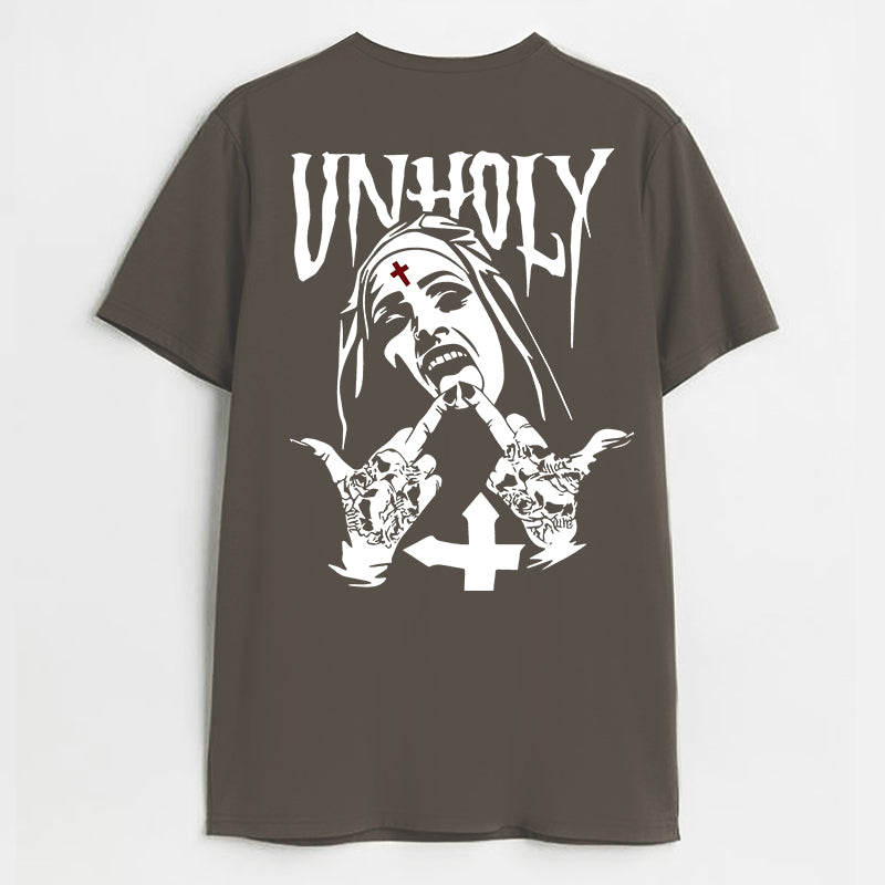 UNHOLY Nun with Crucifix on Forehead Graphic Casual Black Print T-shirt