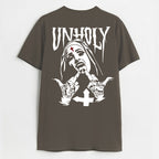 UNHOLY Nun with Crucifix on Forehead Graphic Casual Black Print T-shirt