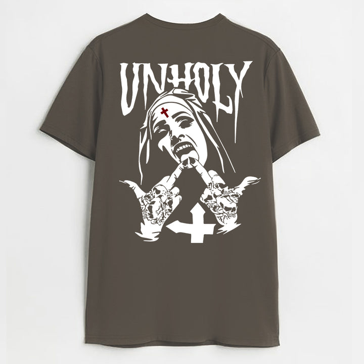 UNHOLY Nun with Crucifix on Forehead Graphic Casual Black Print T-shirt