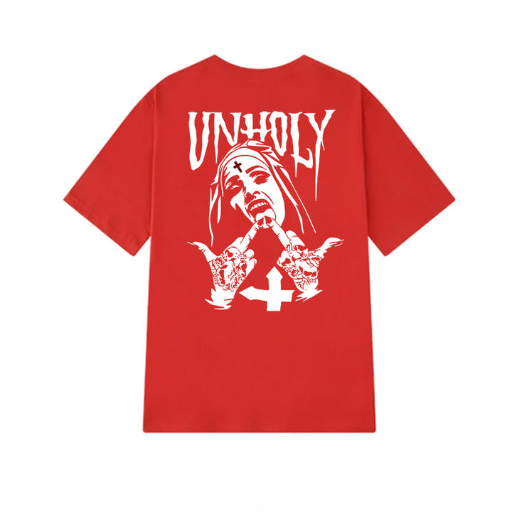 UNHOLY Nun with Crucifix on Forehead Graphic Casual Black Print T-shirt